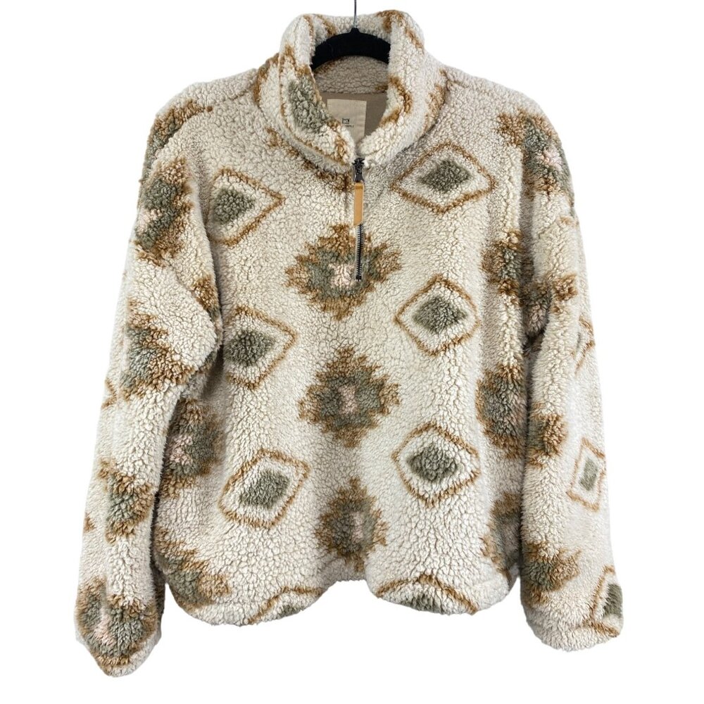 Thread Supply Cozy Mojave Desert Teddy Sherpa Jacket Cream Tan Olive Womens SZ M